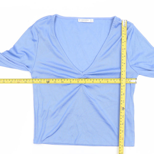 Stradivarius Women's Blue Cropped V-Neck Long Sleeve Top Size L