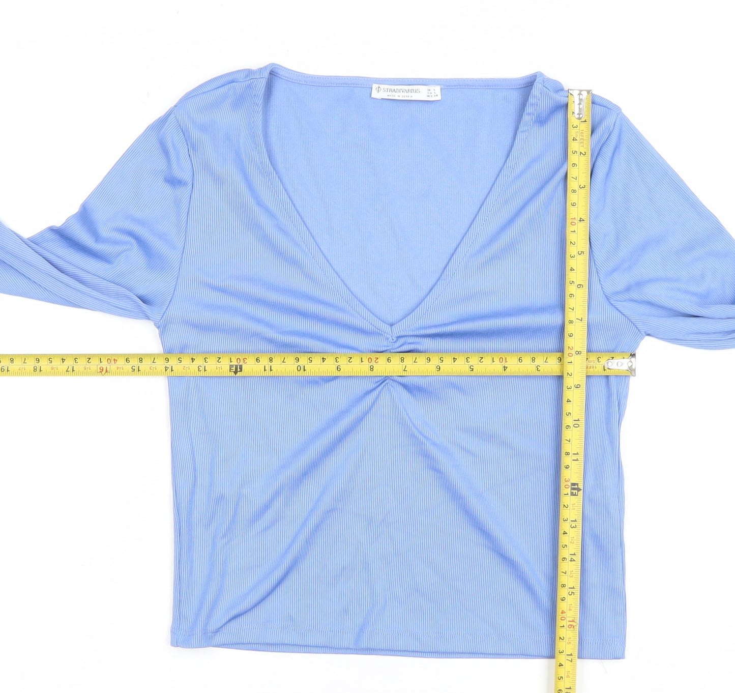 Stradivarius Women's Blue Cropped V-Neck Long Sleeve Top Size L