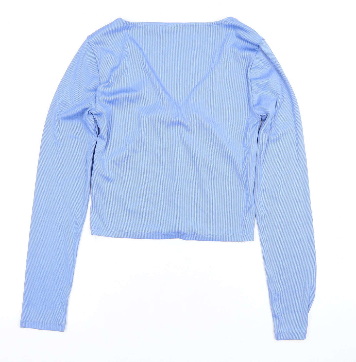 Stradivarius Women's Blue Cropped V-Neck Long Sleeve Top Size L
