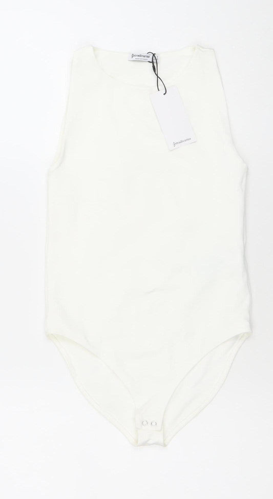 Stradivarius Women Ivory Bodysuit Size M Stretch One-Piece
