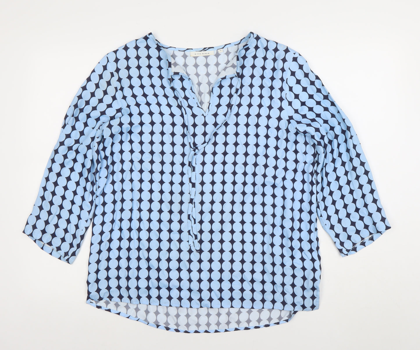 ETERNA Women's Blue Geometric 3/4 Sleeve V-Neck Tunic Blouse Size 10