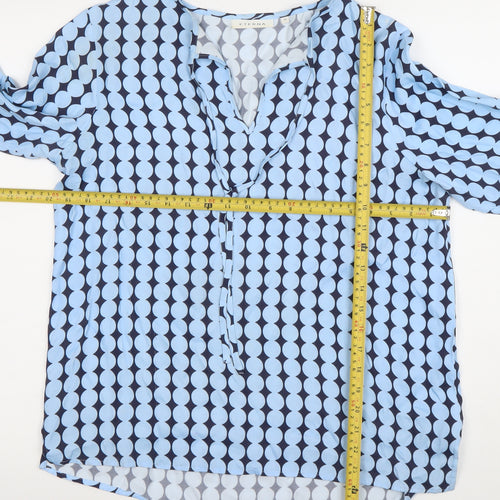 ETERNA Women's Blue Geometric 3/4 Sleeve V-Neck Tunic Blouse Size 10