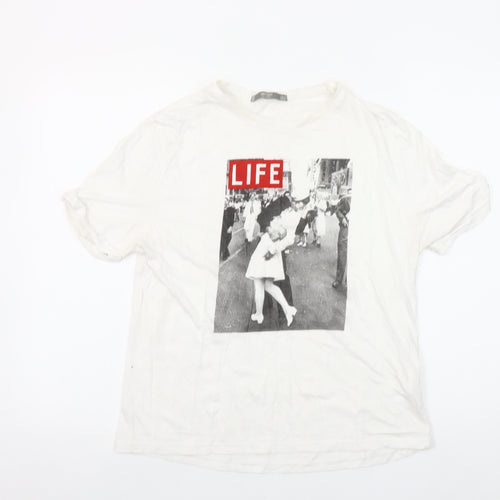 Shop One Womens White LIFE Graphic T-Shirt Size L Crew Neck Short Sleeve Cotton