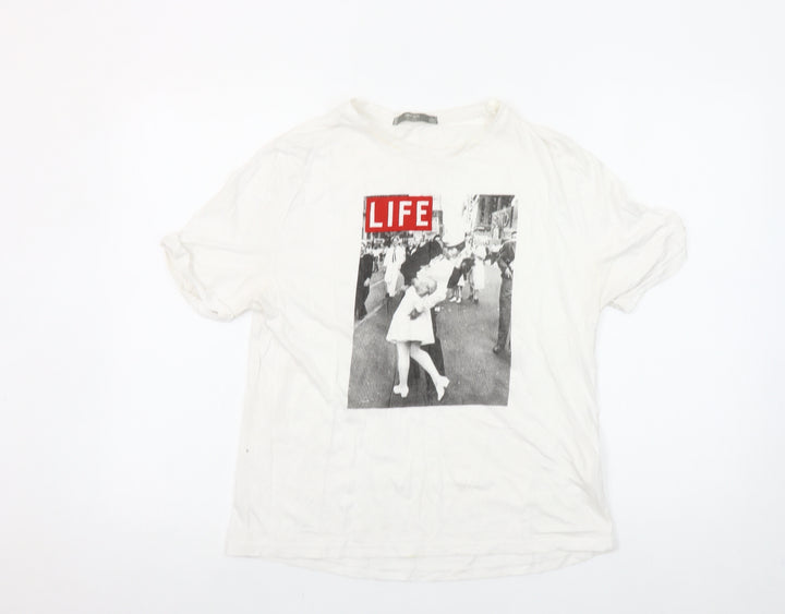Shop One Womens White LIFE Graphic T-Shirt Size L Crew Neck Short Sleeve Cotton