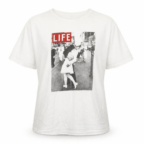 Shop One Womens White LIFE Graphic T-Shirt Size L Crew Neck Short Sleeve Cotton