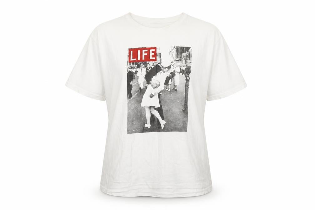 Shop One Womens White LIFE Graphic T-Shirt Size L Crew Neck Short Sleeve Cotton
