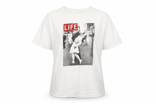 Front view of Shop One women’s white life graphic t-shirt, size L, crew neck short sleeve cotton