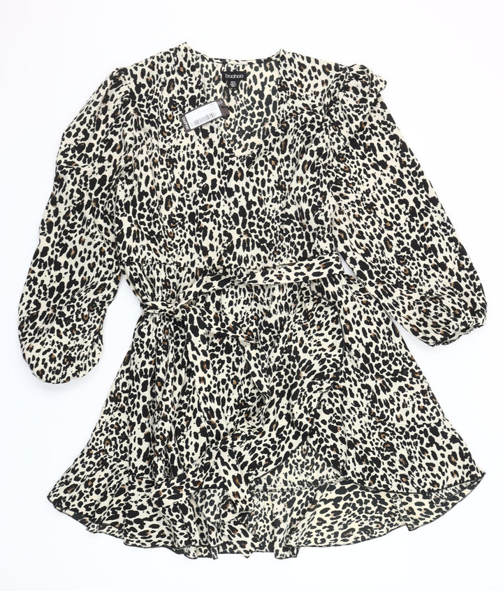 Boohoo Women's Leopard Print Short Wrap Dress Size 16