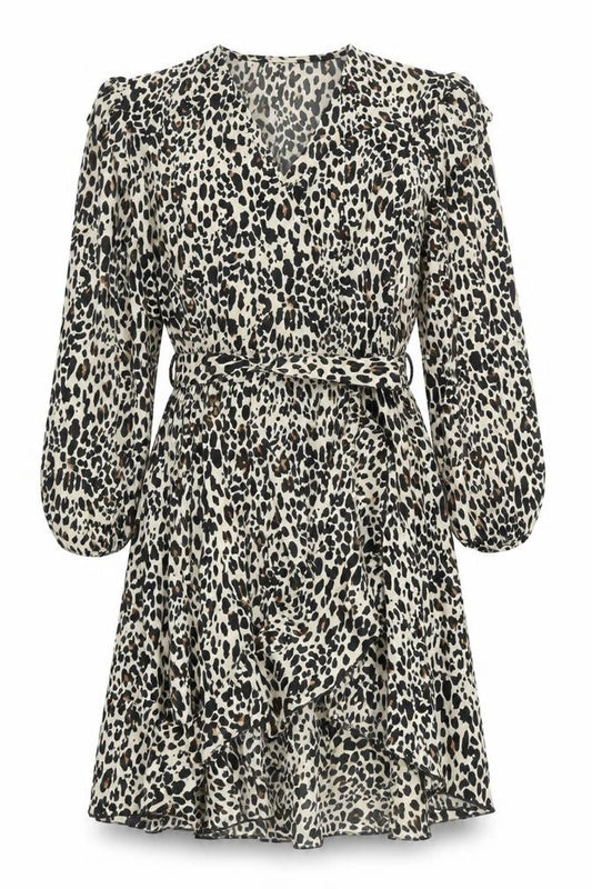 Front view of Boohoo Women's Leopard Print Short Wrap Dress, size 16
