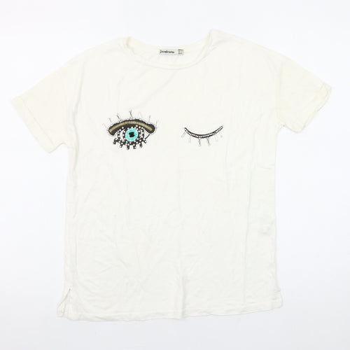 Stradivarius Women White Beaded Eye T-Shirt Size 8 Regular Fit