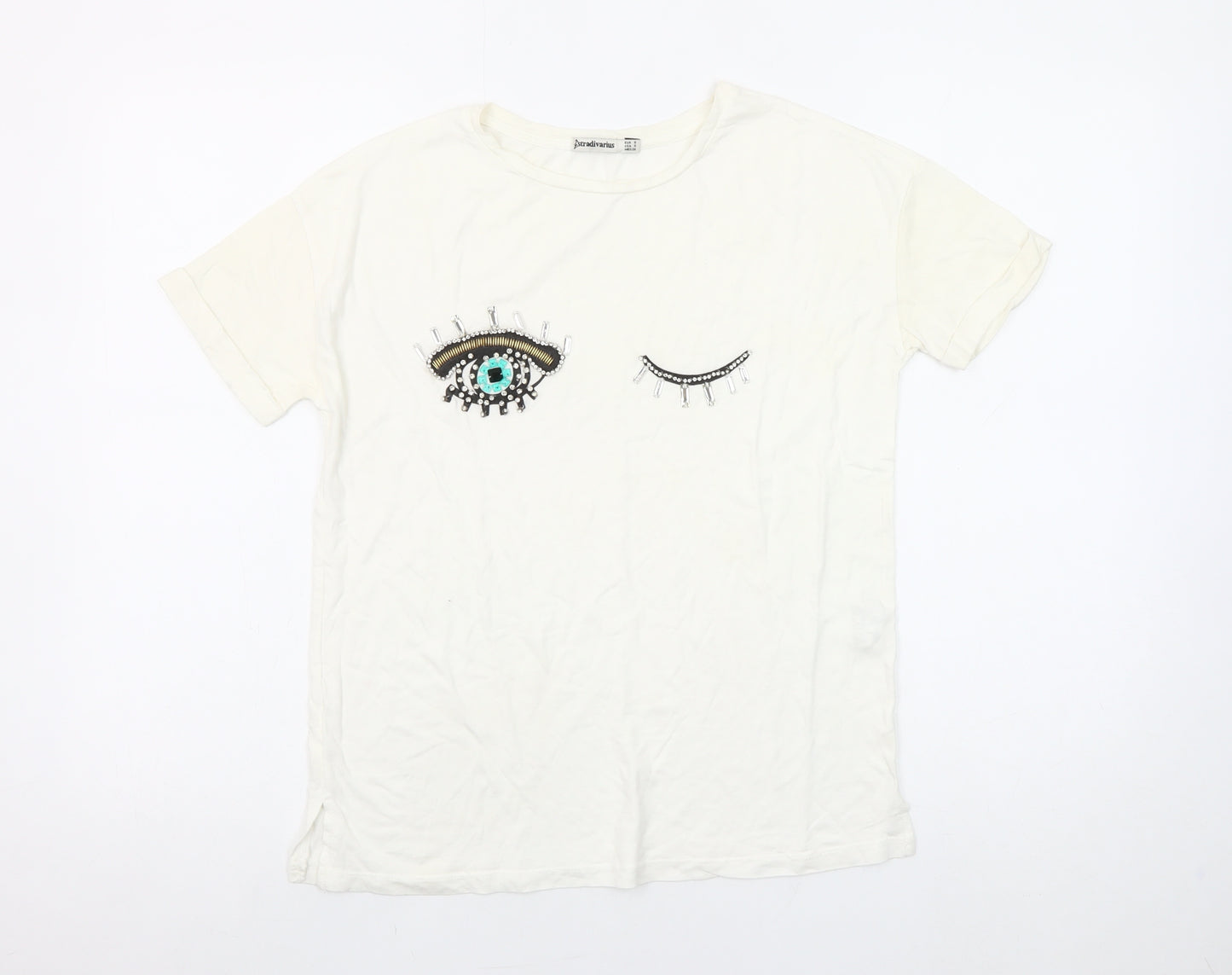 Stradivarius Women White Beaded Eye T-Shirt Size 8 Regular Fit