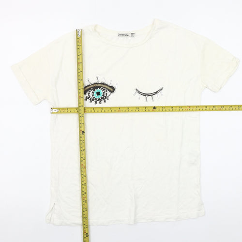 Stradivarius Women White Beaded Eye T-Shirt Size 8 Regular Fit