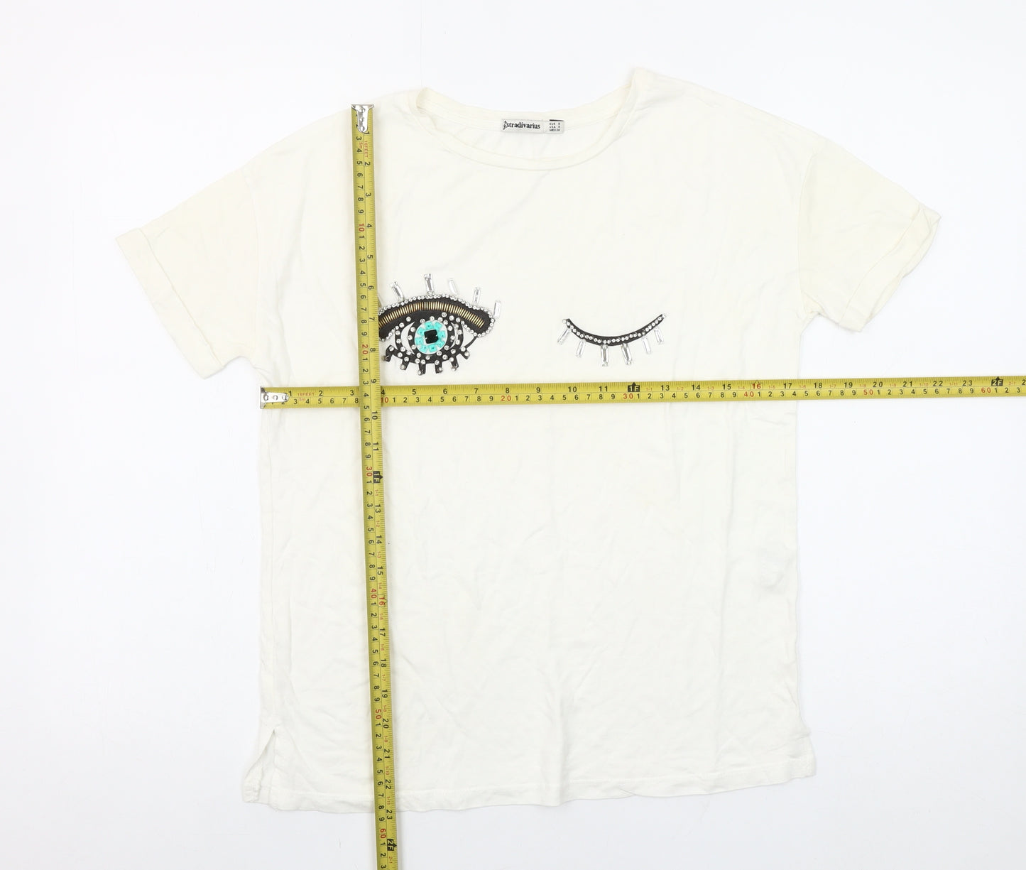 Stradivarius Women White Beaded Eye T-Shirt Size 8 Regular Fit