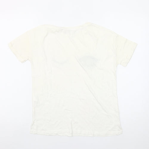 Stradivarius Women White Beaded Eye T-Shirt Size 8 Regular Fit