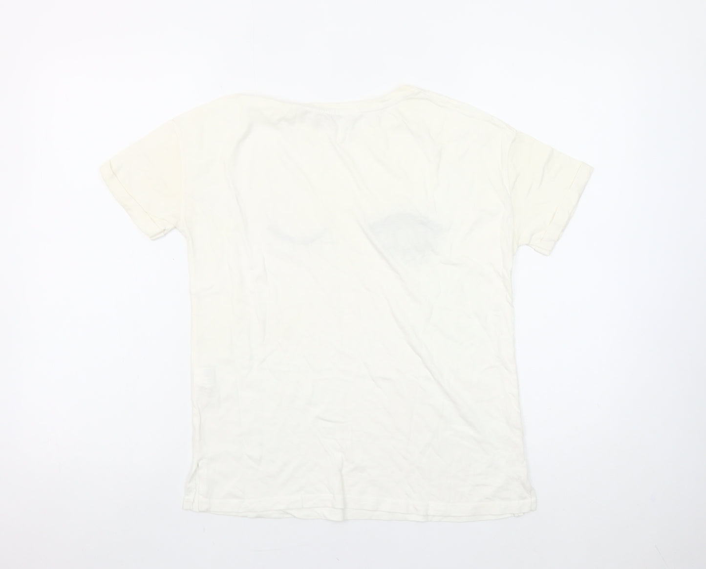 Stradivarius Women White Beaded Eye T-Shirt Size 8 Regular Fit