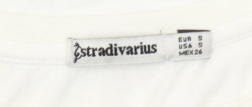 Stradivarius Women White Beaded Eye T-Shirt Size 8 Regular Fit