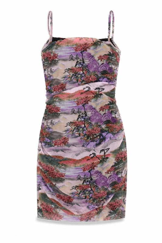 Front view of PRETTYLITTLETHING women’s multicoloured bodycon ruched dress, size UK 10