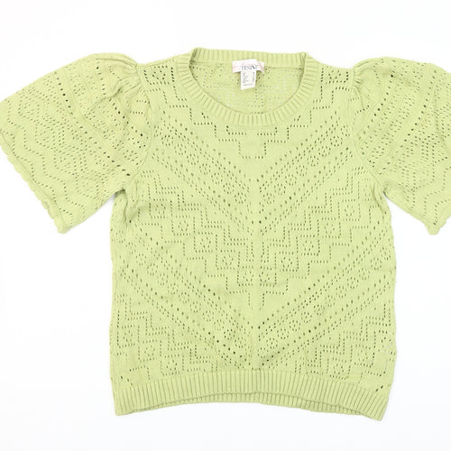 Linea Tesini Women Green Cotton Open-Knit Puff Sleeve Jumper Size 16