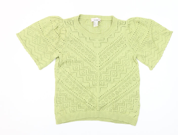 Linea Tesini Women Green Cotton Open-Knit Puff Sleeve Jumper Size 16