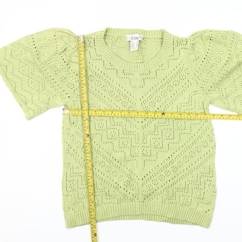 Linea Tesini Women Green Cotton Open-Knit Puff Sleeve Jumper Size 16