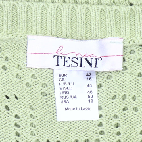 Linea Tesini Women Green Cotton Open-Knit Puff Sleeve Jumper Size 16