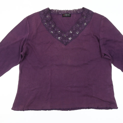 bm collection Women's Purple Lace V-Neck 3/4 Sleeve Cotton Blouse Size L
