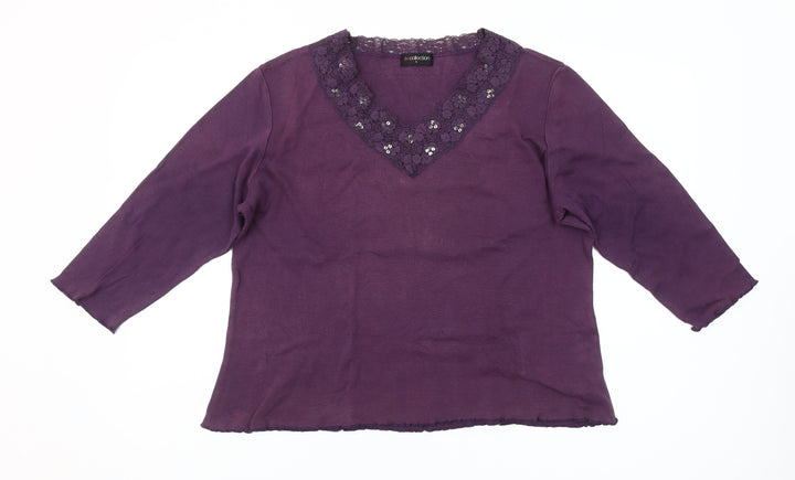 bm collection Women's Purple Lace V-Neck 3/4 Sleeve Cotton Blouse Size L