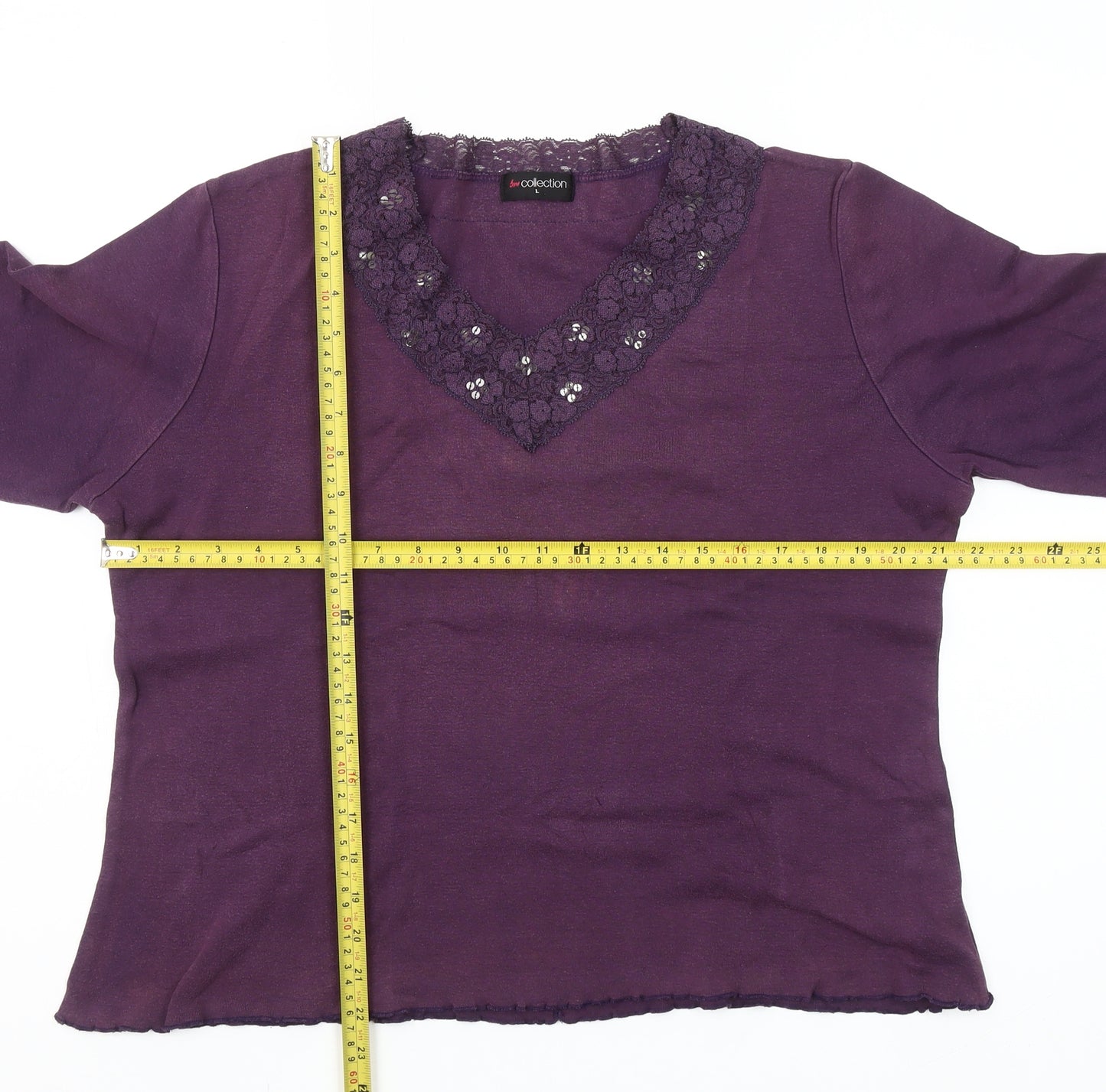bm collection Women's Purple Lace V-Neck 3/4 Sleeve Cotton Blouse Size L