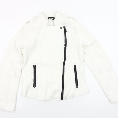 Sophylline Women's White Biker Jacket Size S Zip Detail Lined Tweed