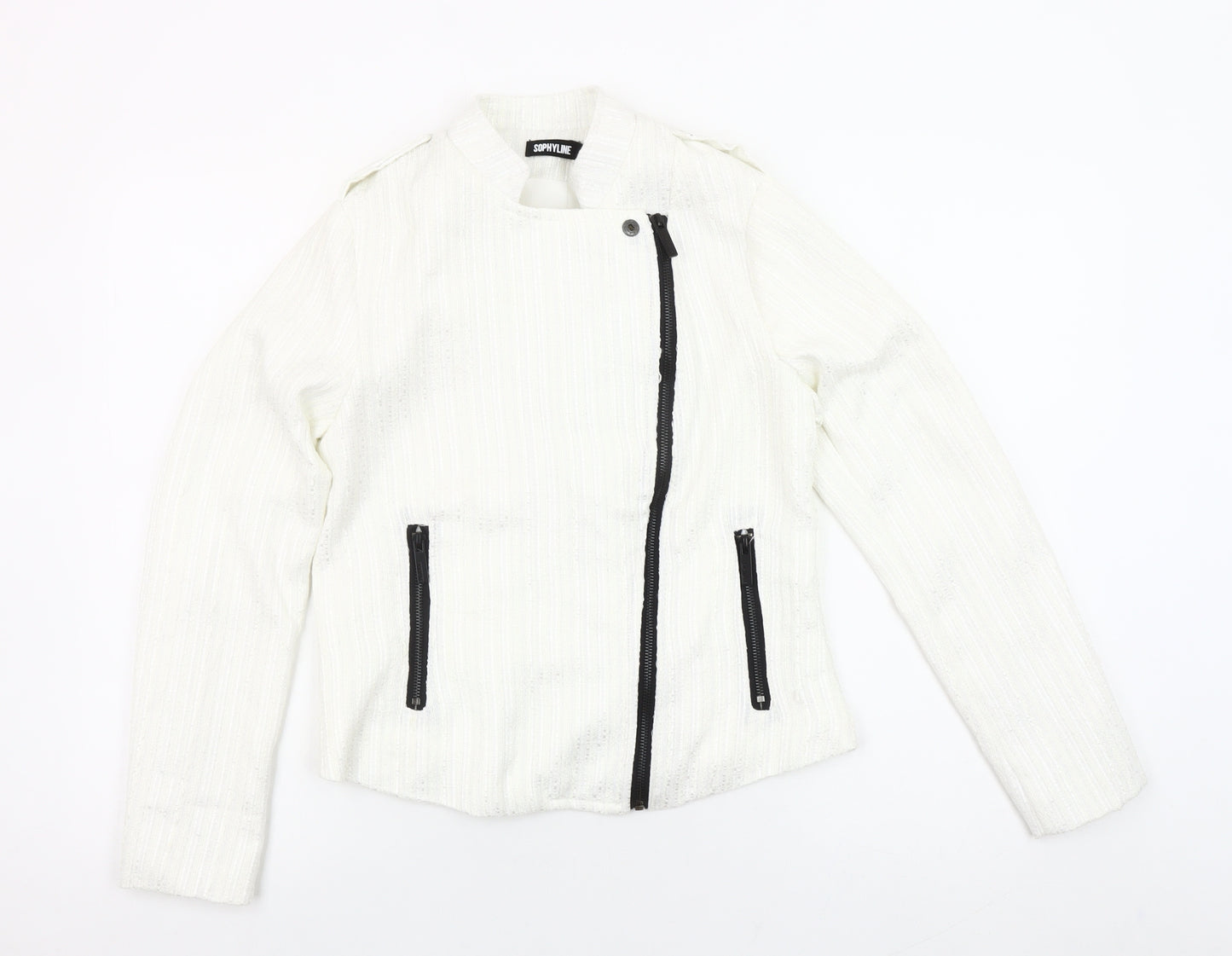 Sophylline Women's White Biker Jacket Size S Zip Detail Lined Tweed