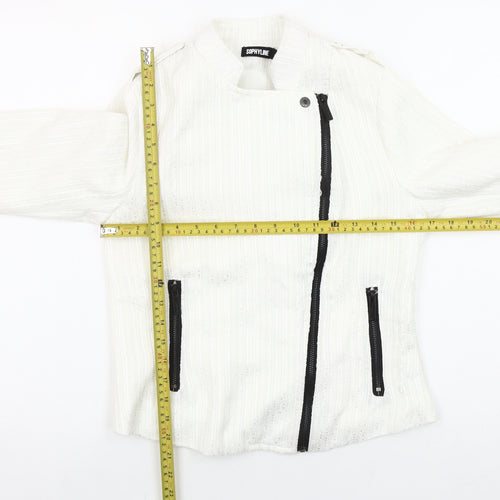 Sophylline Women's White Biker Jacket Size S Zip Detail Lined Tweed