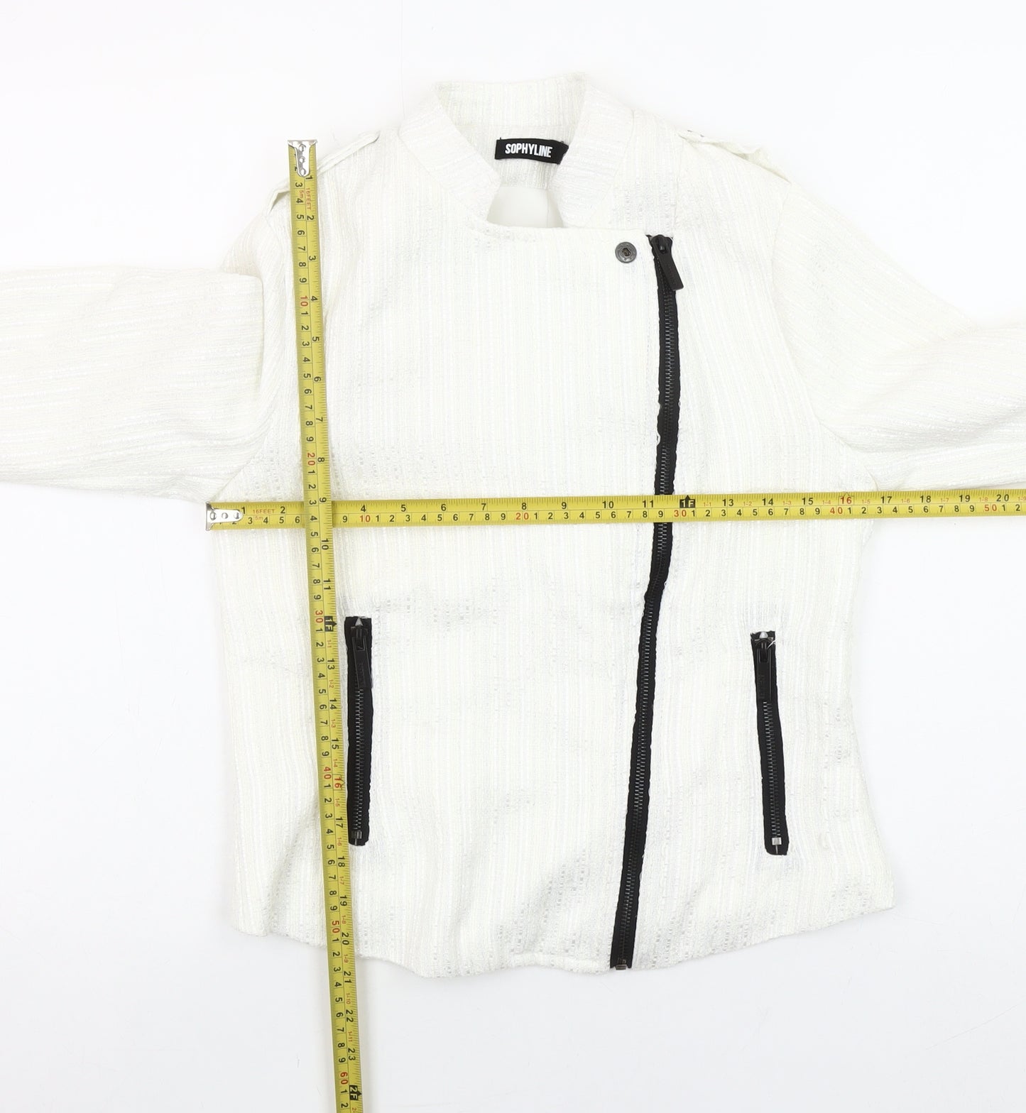 Sophylline Women's White Biker Jacket Size S Zip Detail Lined Tweed