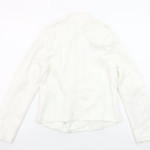 Sophylline Women's White Biker Jacket Size S Zip Detail Lined Tweed