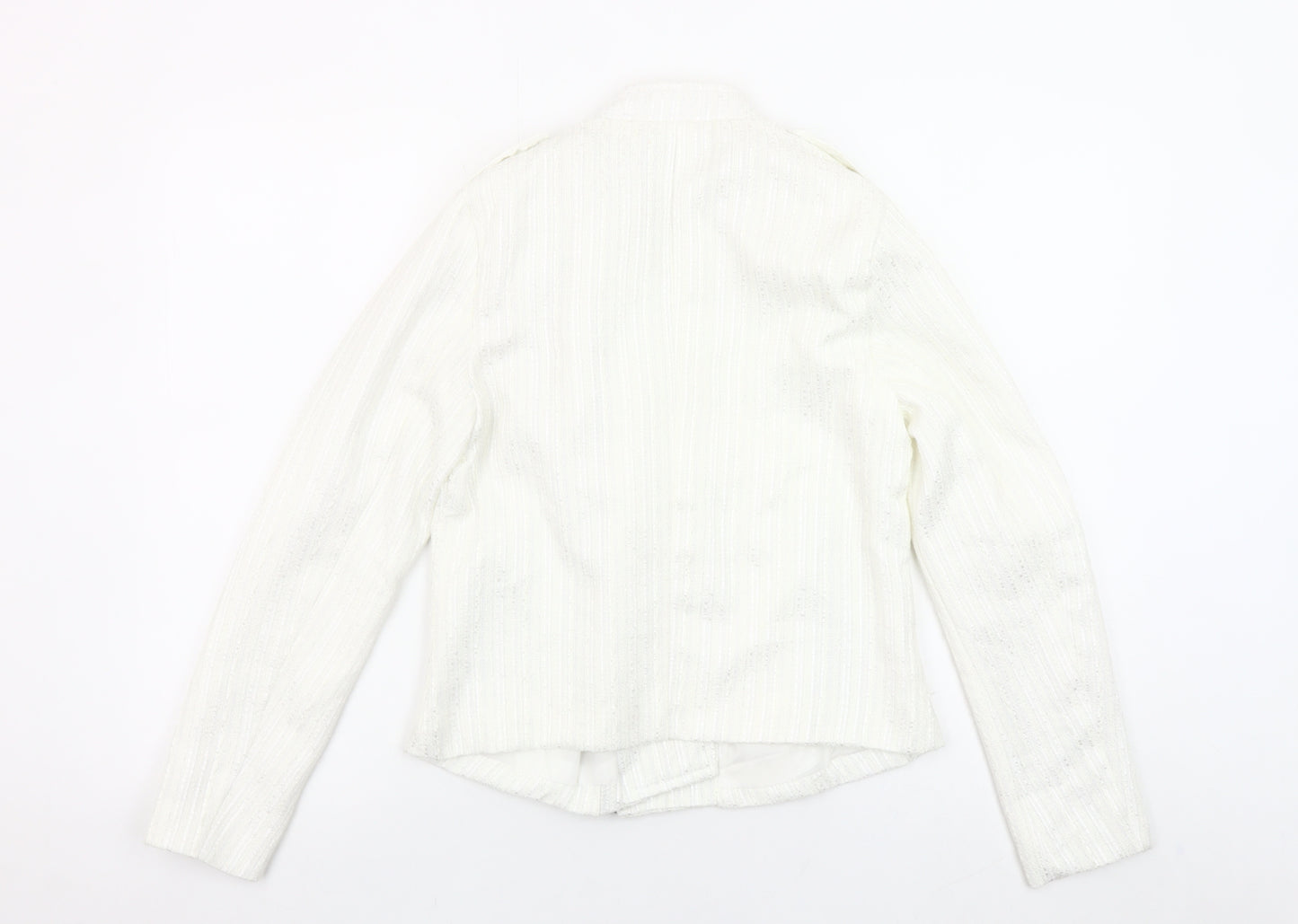 Sophylline Women's White Biker Jacket Size S Zip Detail Lined Tweed