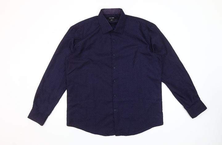 Nine West Men's Blue Geometric Slim Fit Long Sleeve Button-Up Shirt Size L