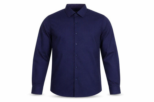Front view of Nine West Men's Blue Geometric Slim Fit Long Sleeve Button-Up Shirt, size L