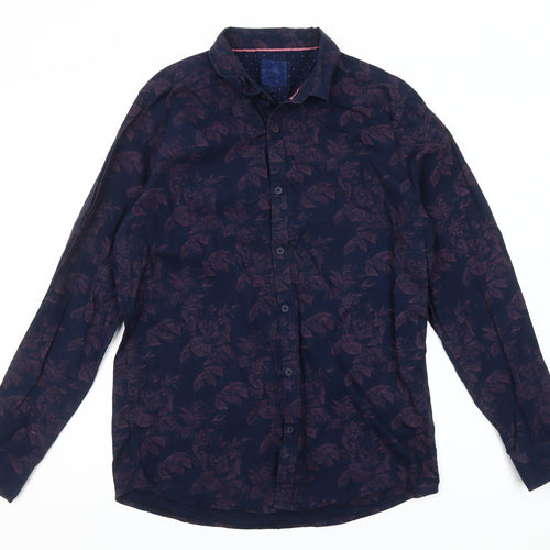 Step & Jilly Men's Blue Floral Cotton Long Sleeve Classic Fit Shirt Size M