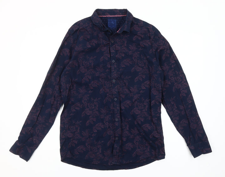 Step & Jilly Men's Blue Floral Cotton Long Sleeve Classic Fit Shirt Size M