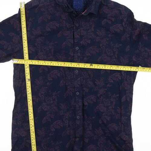 Step & Jilly Men's Blue Floral Cotton Long Sleeve Classic Fit Shirt Size M