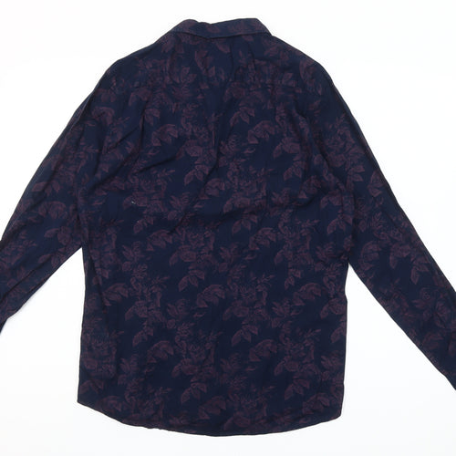 Step & Jilly Men's Blue Floral Cotton Long Sleeve Classic Fit Shirt Size M