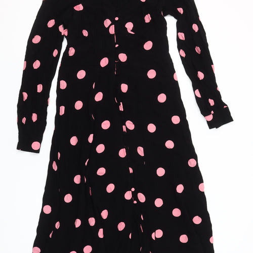 New Look Women’s Black Pink Polka Dot Midi Dress Size 8 Long Sleeve A-Line