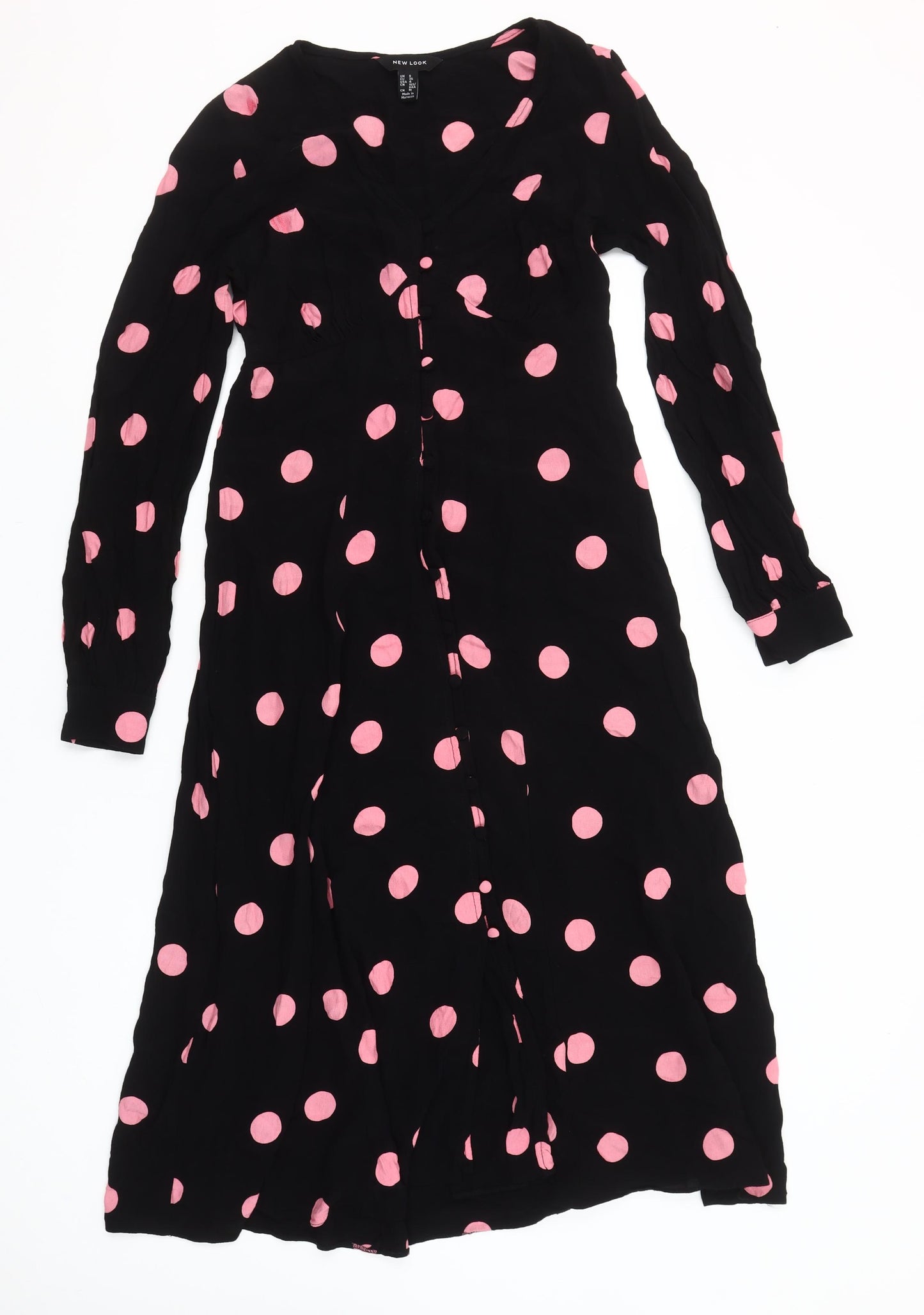 New Look Women’s Black Pink Polka Dot Midi Dress Size 8 Long Sleeve A-Line
