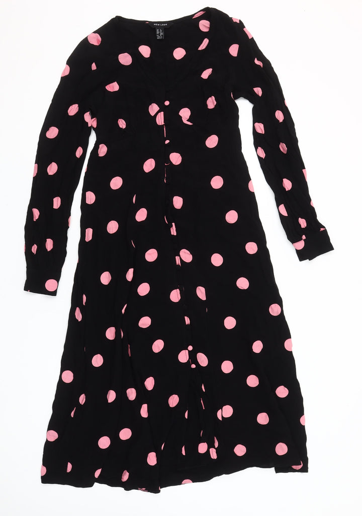 New Look Women’s Black Pink Polka Dot Midi Dress Size 8 Long Sleeve A-Line