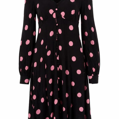 New Look Women’s Black Pink Polka Dot Midi Dress Size 8 Long Sleeve A-Line