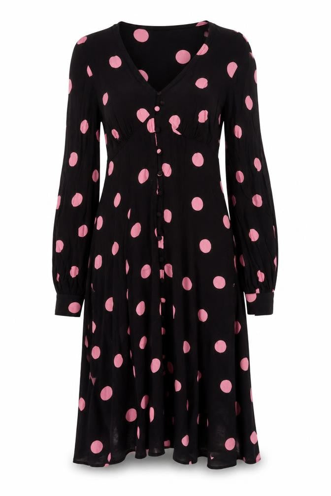 New Look Women’s Black Pink Polka Dot Midi Dress Size 8 Long Sleeve A-Line