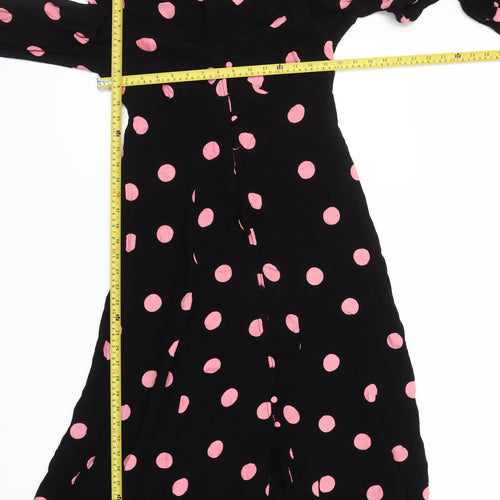 New Look Women’s Black Pink Polka Dot Midi Dress Size 8 Long Sleeve A-Line