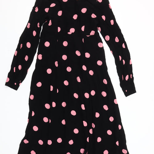 New Look Women’s Black Pink Polka Dot Midi Dress Size 8 Long Sleeve A-Line