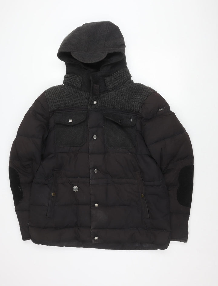 Feraud Jeans Women's Black Puffer Jacket L Hooded Winter Coat