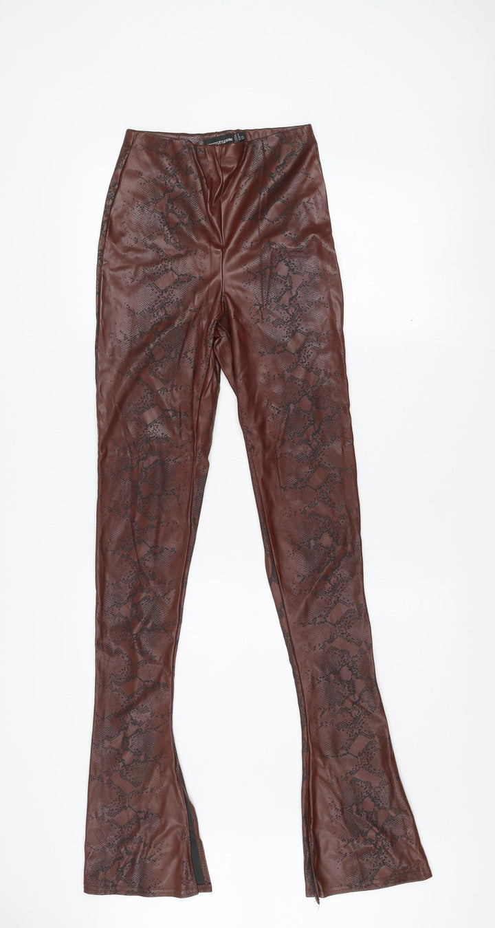 PrettyLittleThing Women’s Brown Snake Print Faux Leather Flared Leggings Size 8