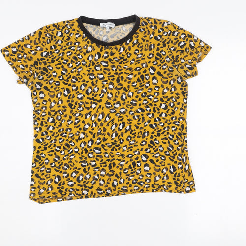Warehouse Womens Leopard Print Yellow Cotton T-Shirt UK 10